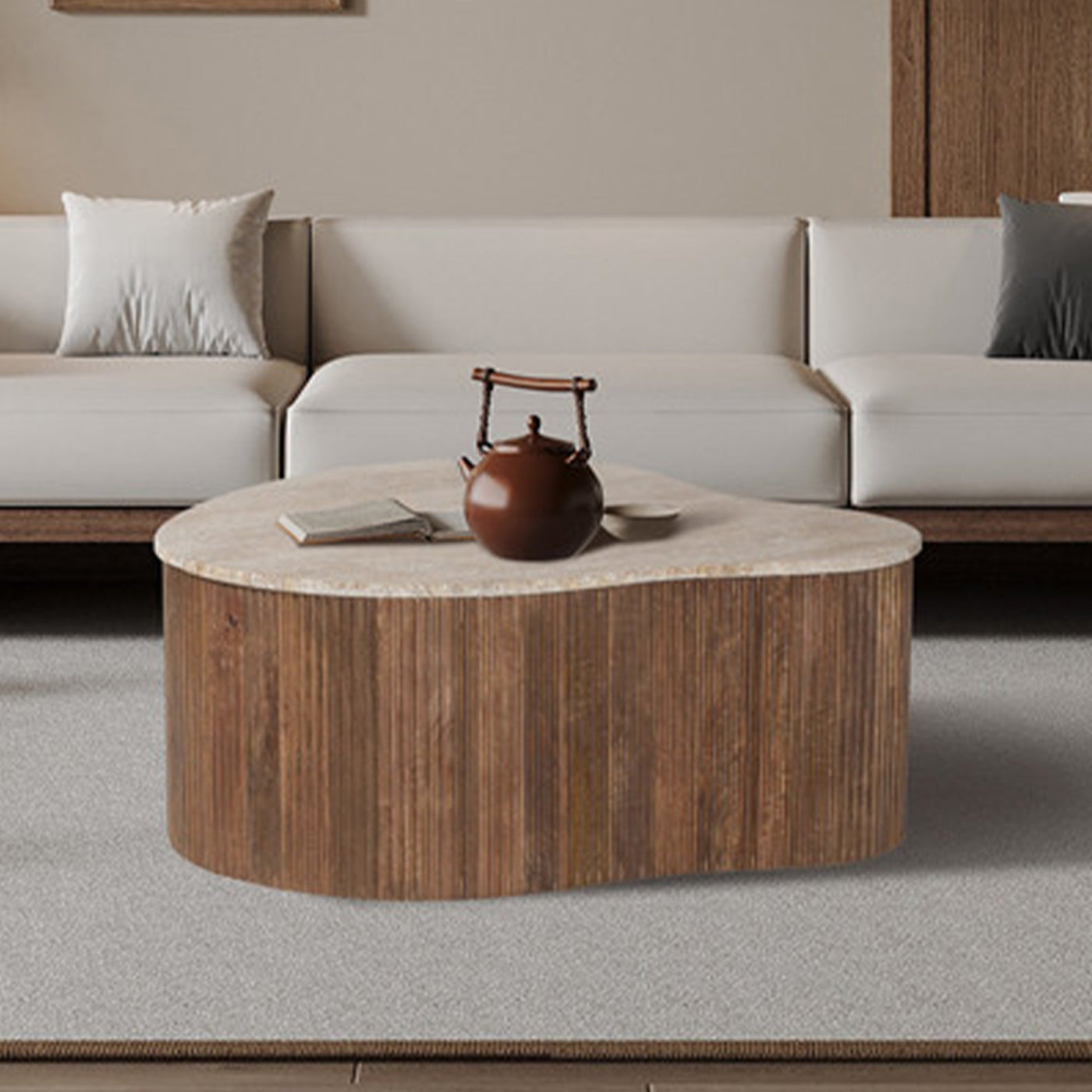 PAUL Table basse en travertin et bois de manguier 83 cm - Table basse - Mobilier Deco