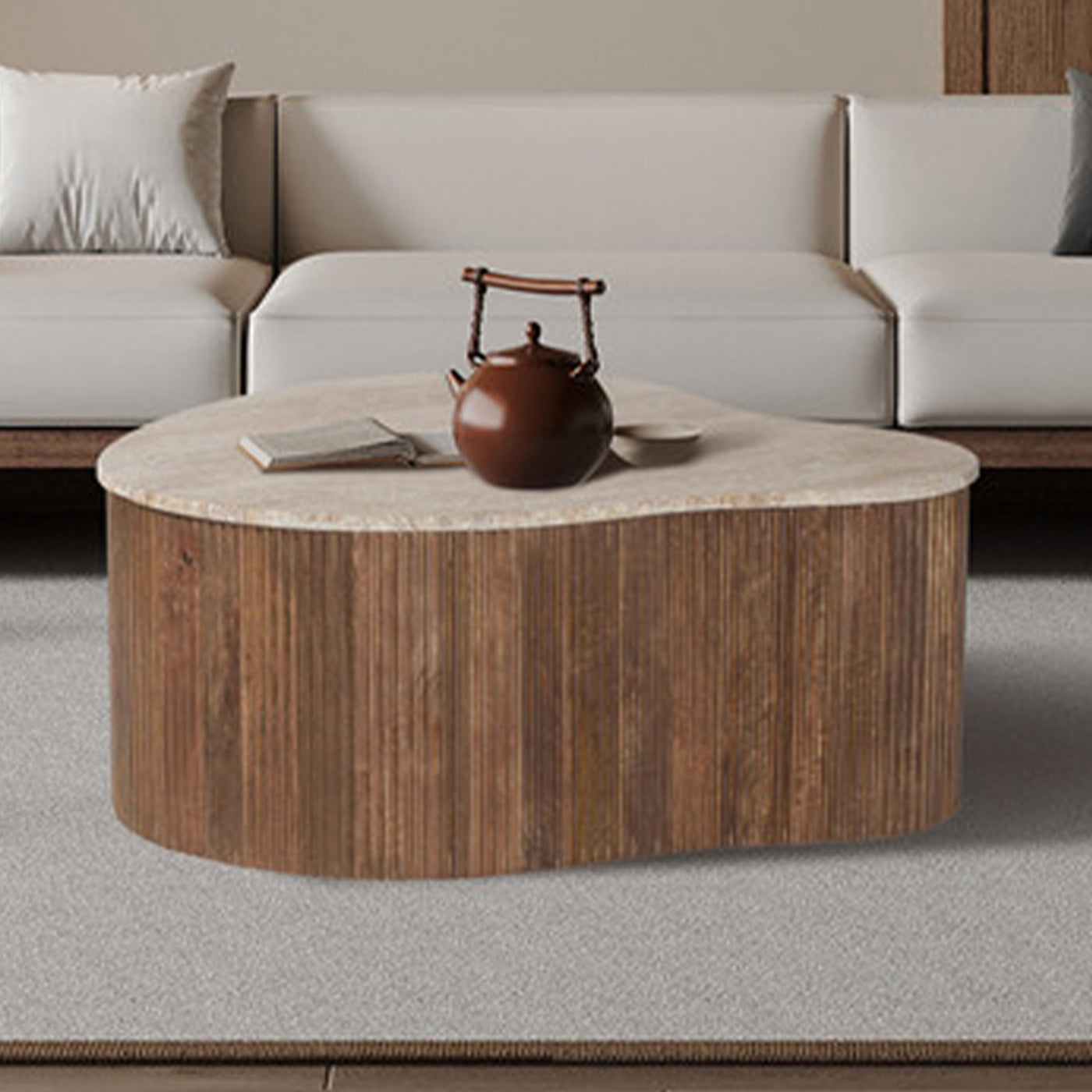 PAUL Table basse en travertin et bois de manguier 83 cm