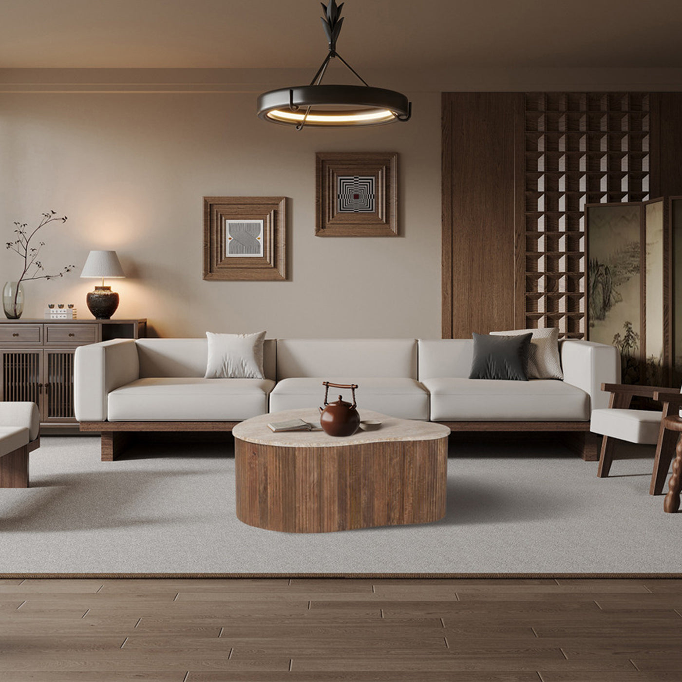 PAUL Table basse en travertin et bois de manguier 83 cm