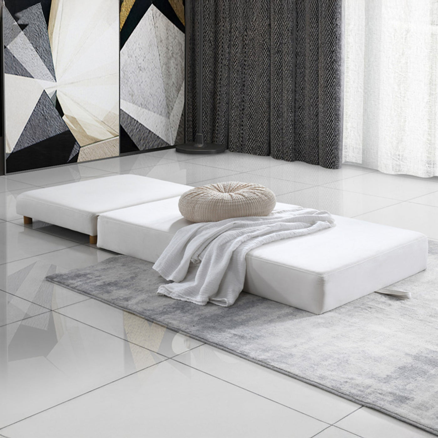 PAULA Banquette carrée convertible en tissu blanc écru - Banquettes - Mobilier Deco