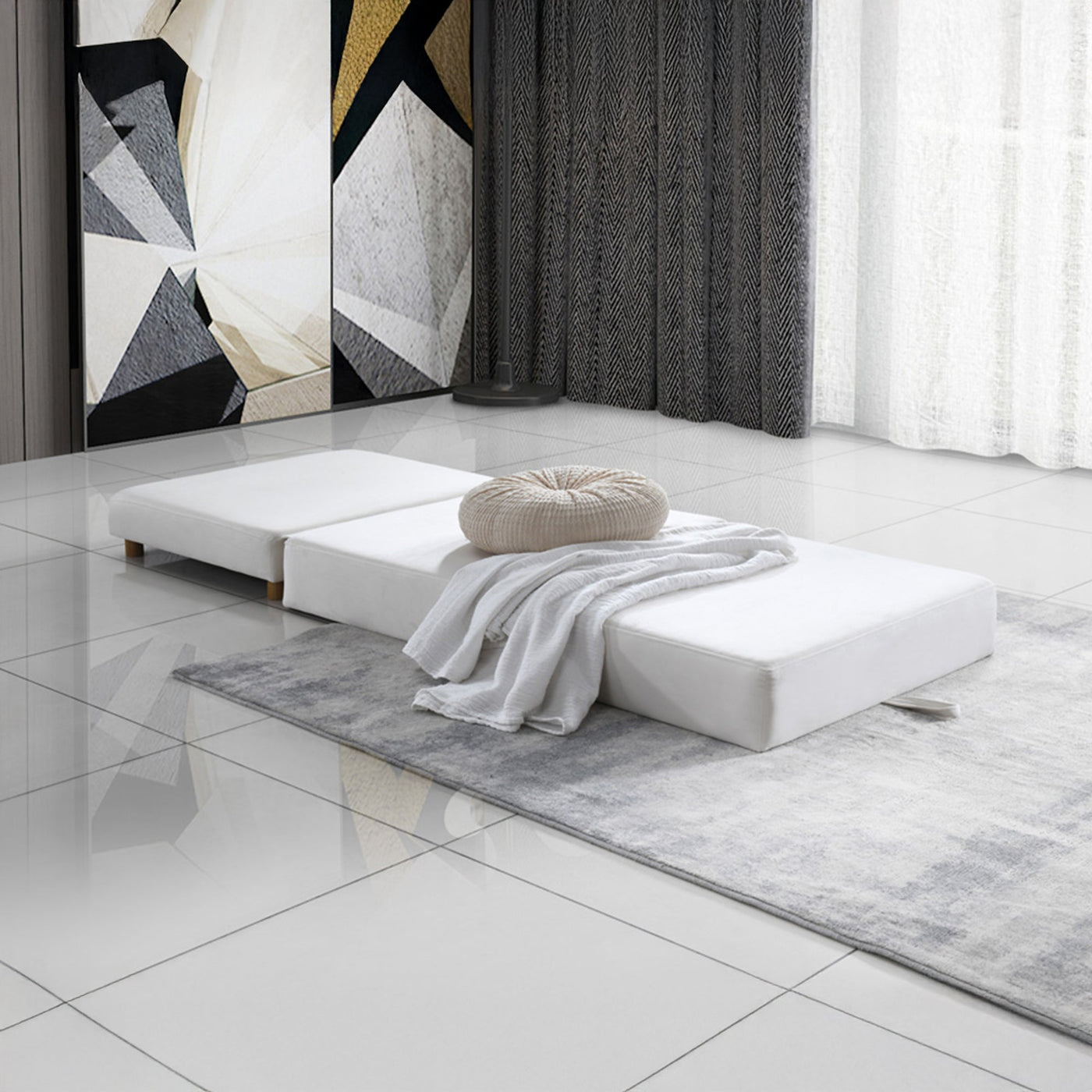 PAULA Banquette carrée convertible en tissu blanc écru - Banquettes - Mobilier Deco