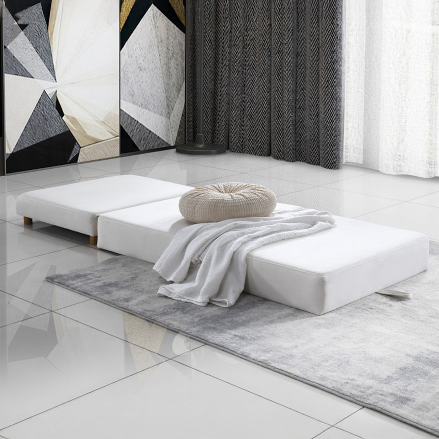 PAULA Banquette carrée convertible en tissu blanc écru