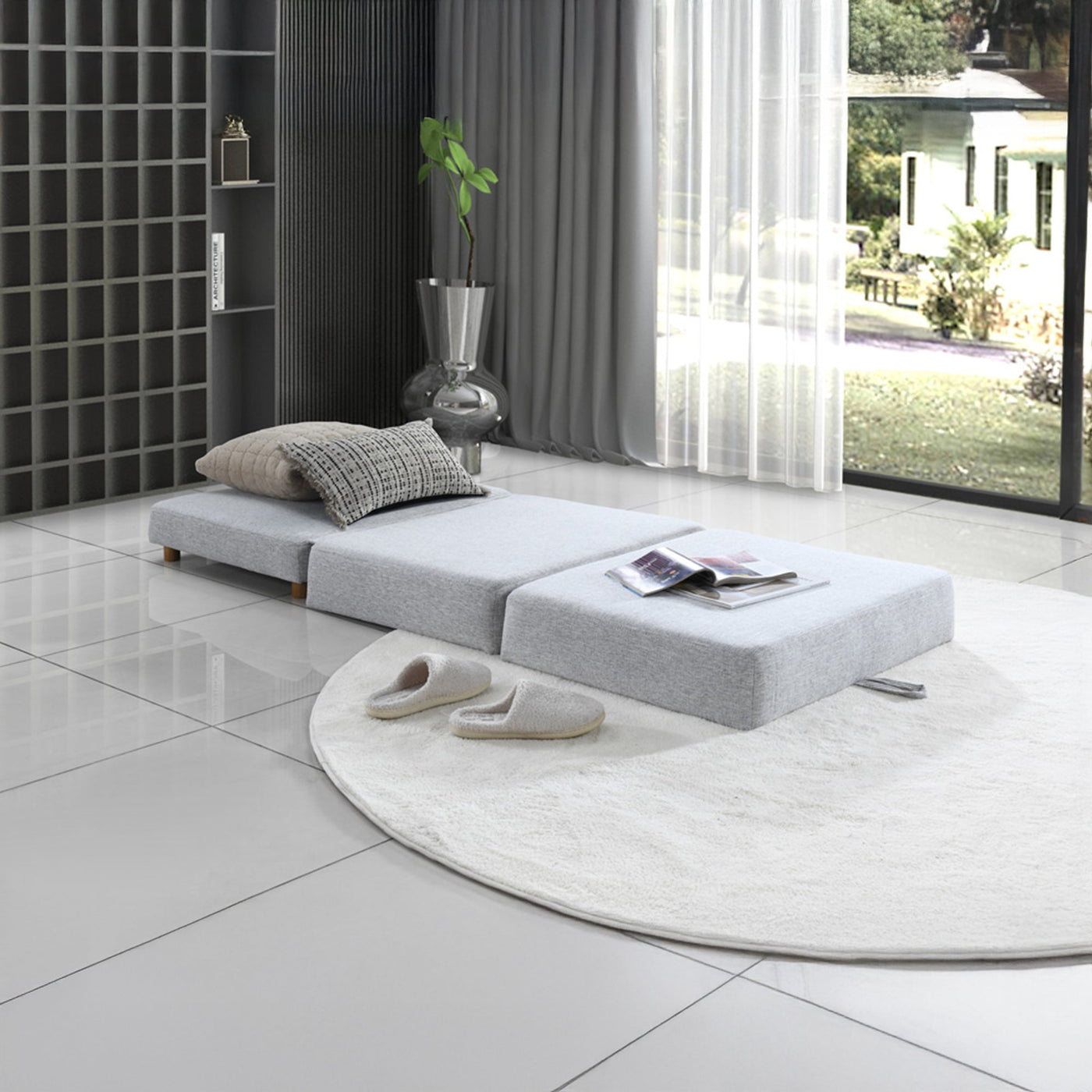 PAULA Banquette carrée convertible en tissu gris clair - Banquettes - Mobilier Deco