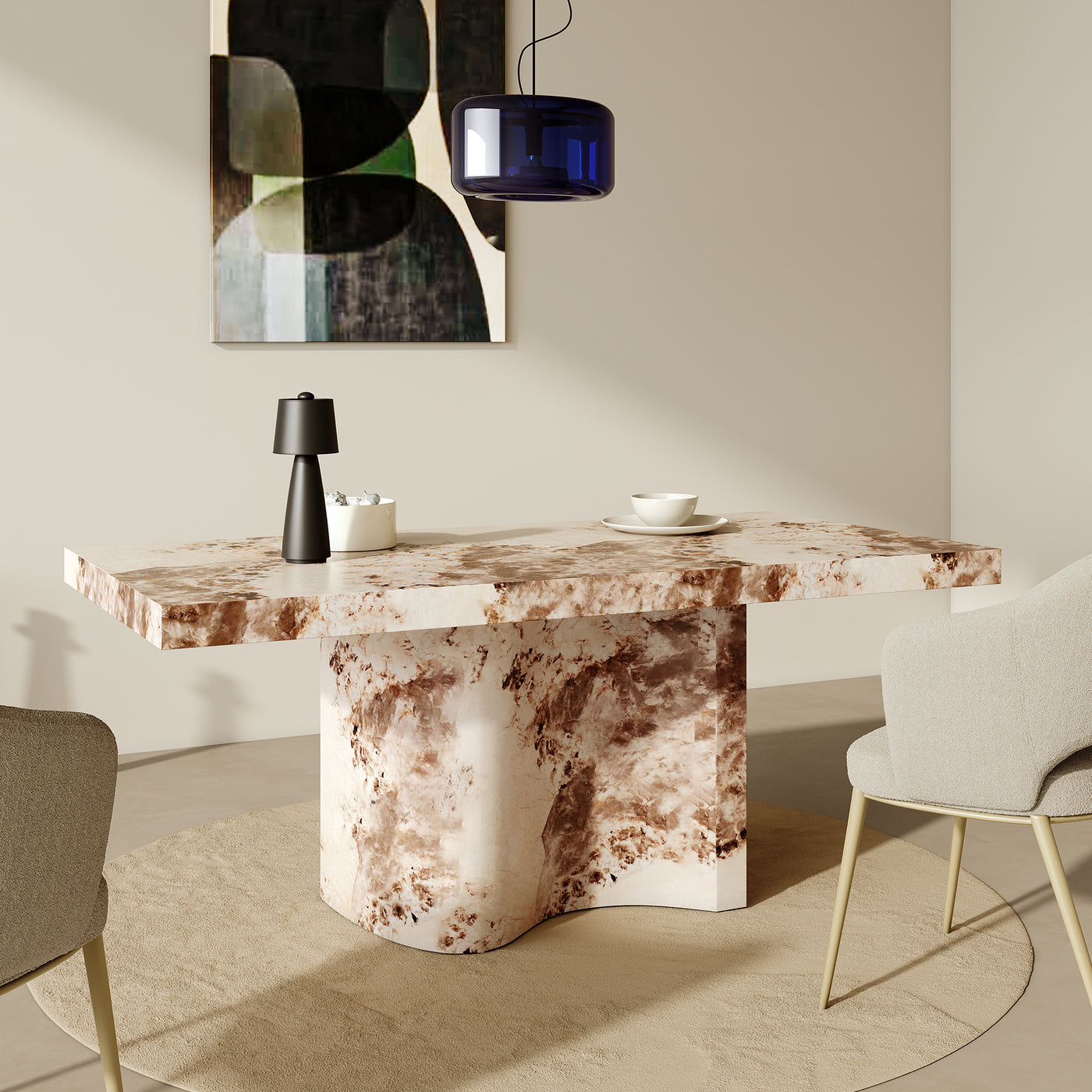 PEYRA Table à manger en marbre d'ingénierie beige et marron