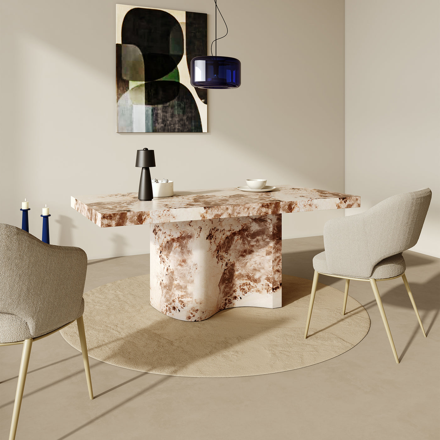 PEYRA Table à manger en marbre d'ingénierie beige et marron