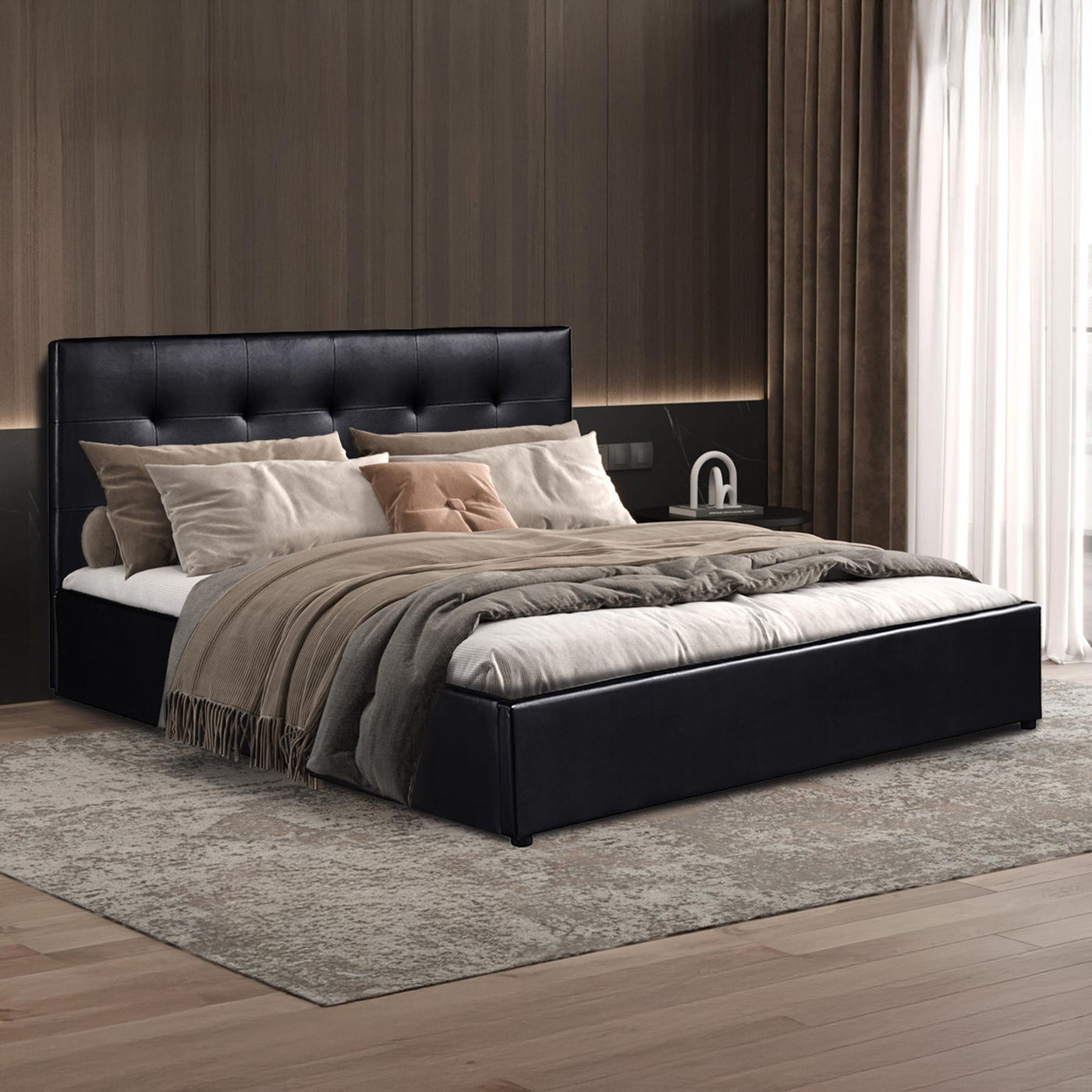 PORTO Lit double en simili cuir noir avec coffre 160x200 cm