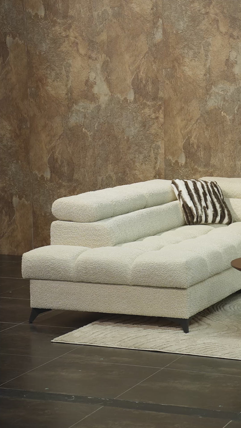 EMMA MINI Canapé d'angle convertible avec coffre et têtières relevables en tissu beige - Angle droit