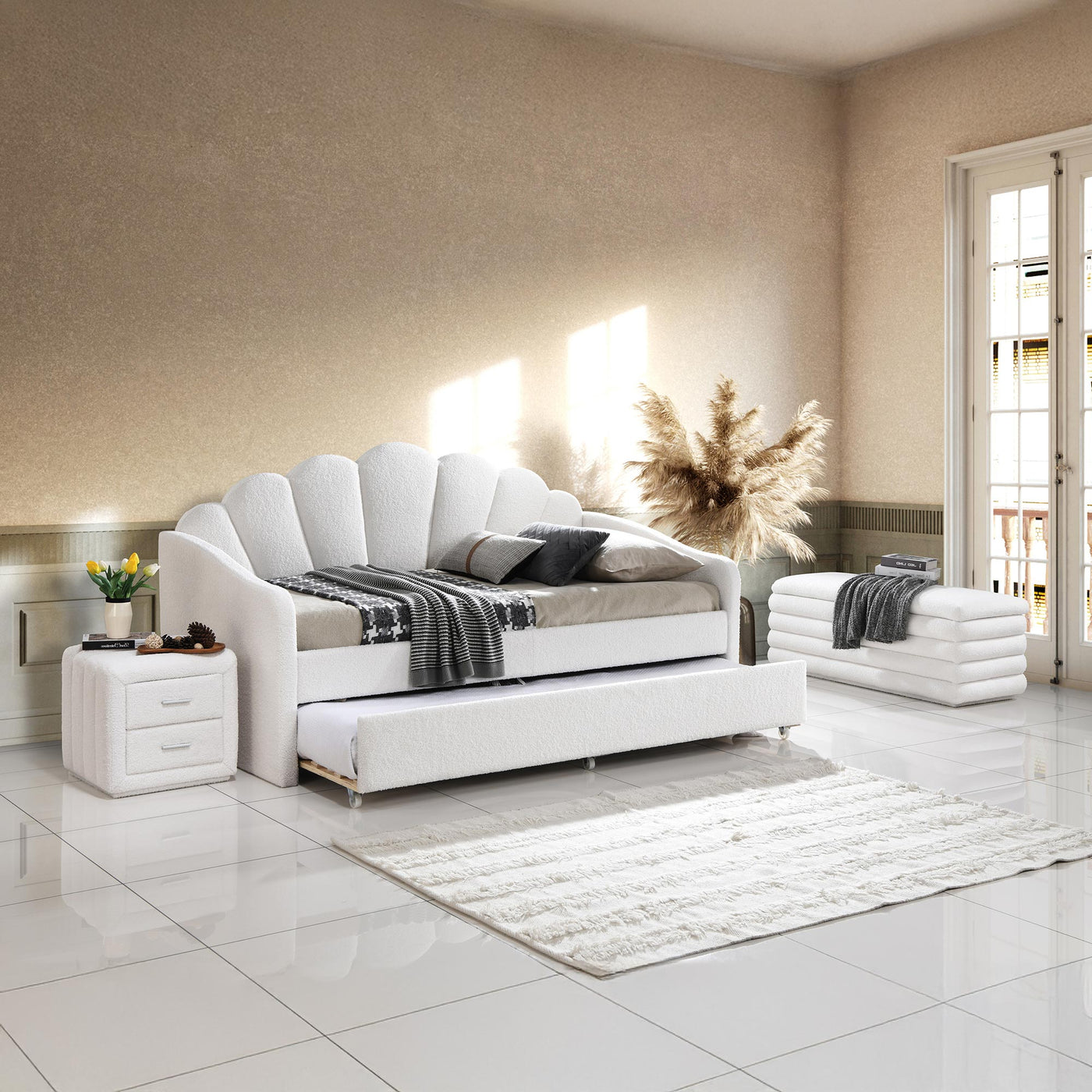QUEEN Lit gigogne en tissu bouclette blanc écru 90x190 cm