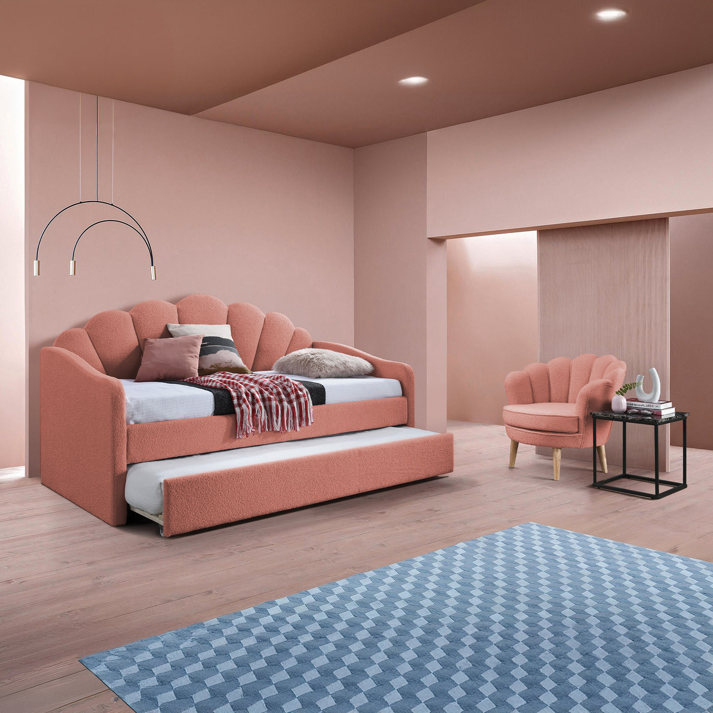 QUEEN Lit gigogne en tissu bouclette rose 90x190 cm