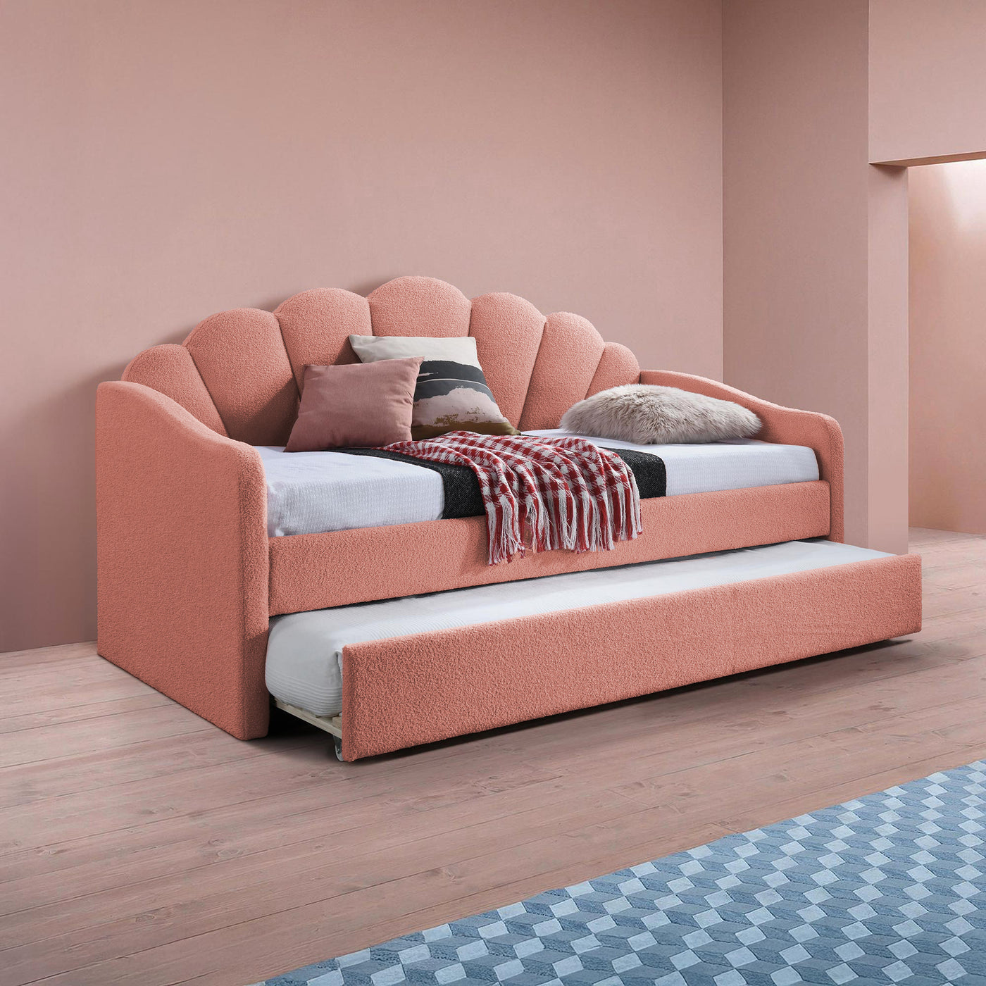 QUEEN Lit gigogne en tissu bouclette rose 90x190 cm