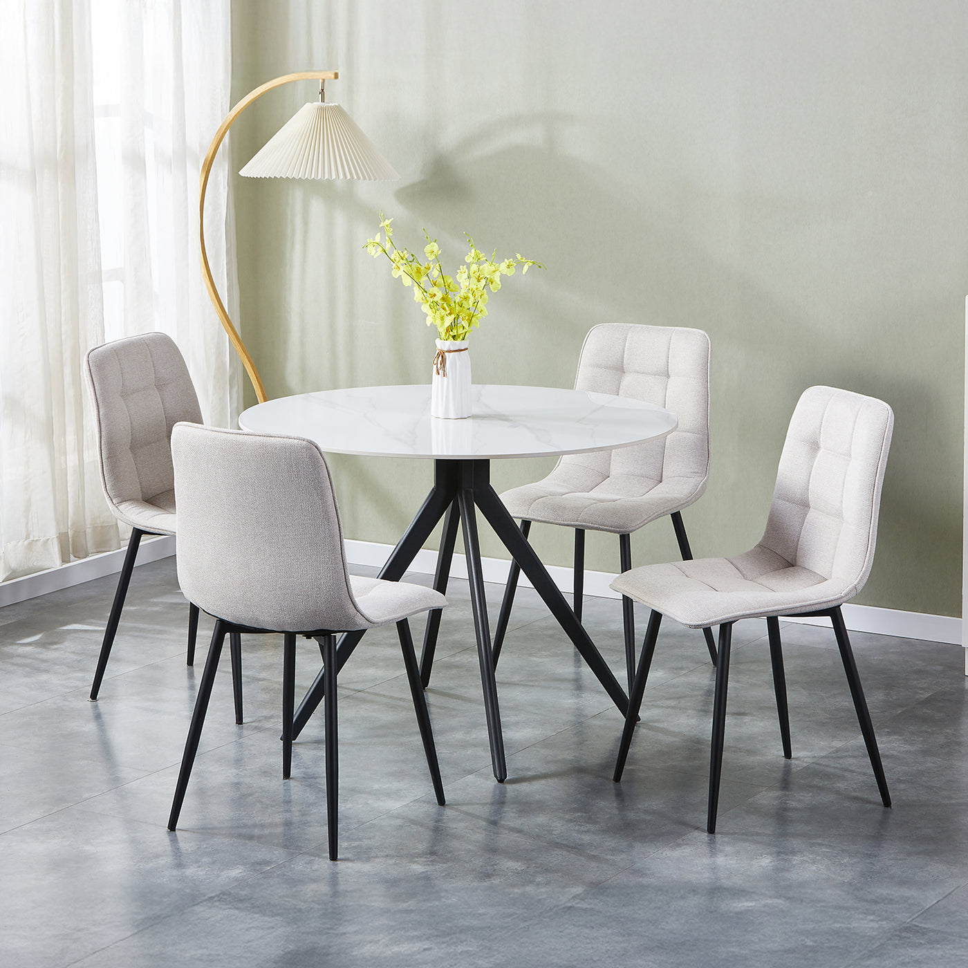 RANA Lot de 4 chaises en tissu blanc écru pieds en métal noir