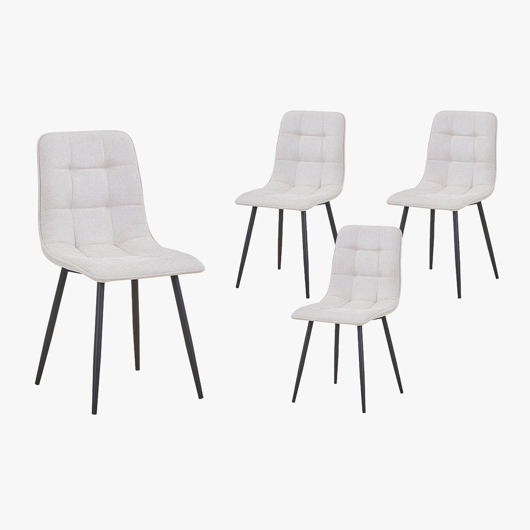RANA Lot de 4 chaises en tissu blanc écru pieds en métal noir - Chaise de repas - Mobilier Deco