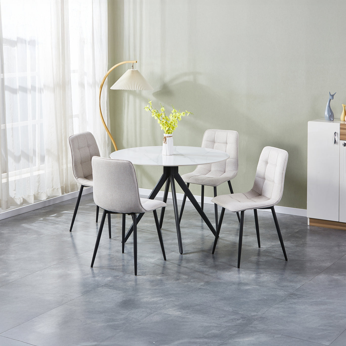 RANA Lot de 4 chaises en tissu blanc écru pieds en métal noir