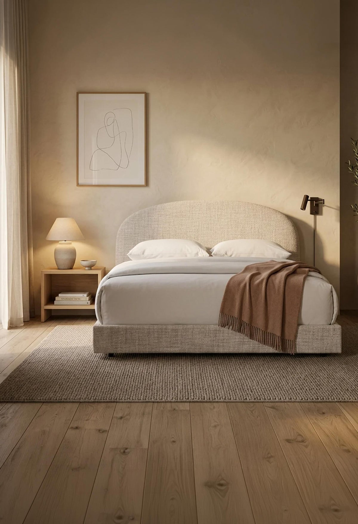 RANIA Lit double en tissu beige 140x190 cm - Lits - Mobilier Deco