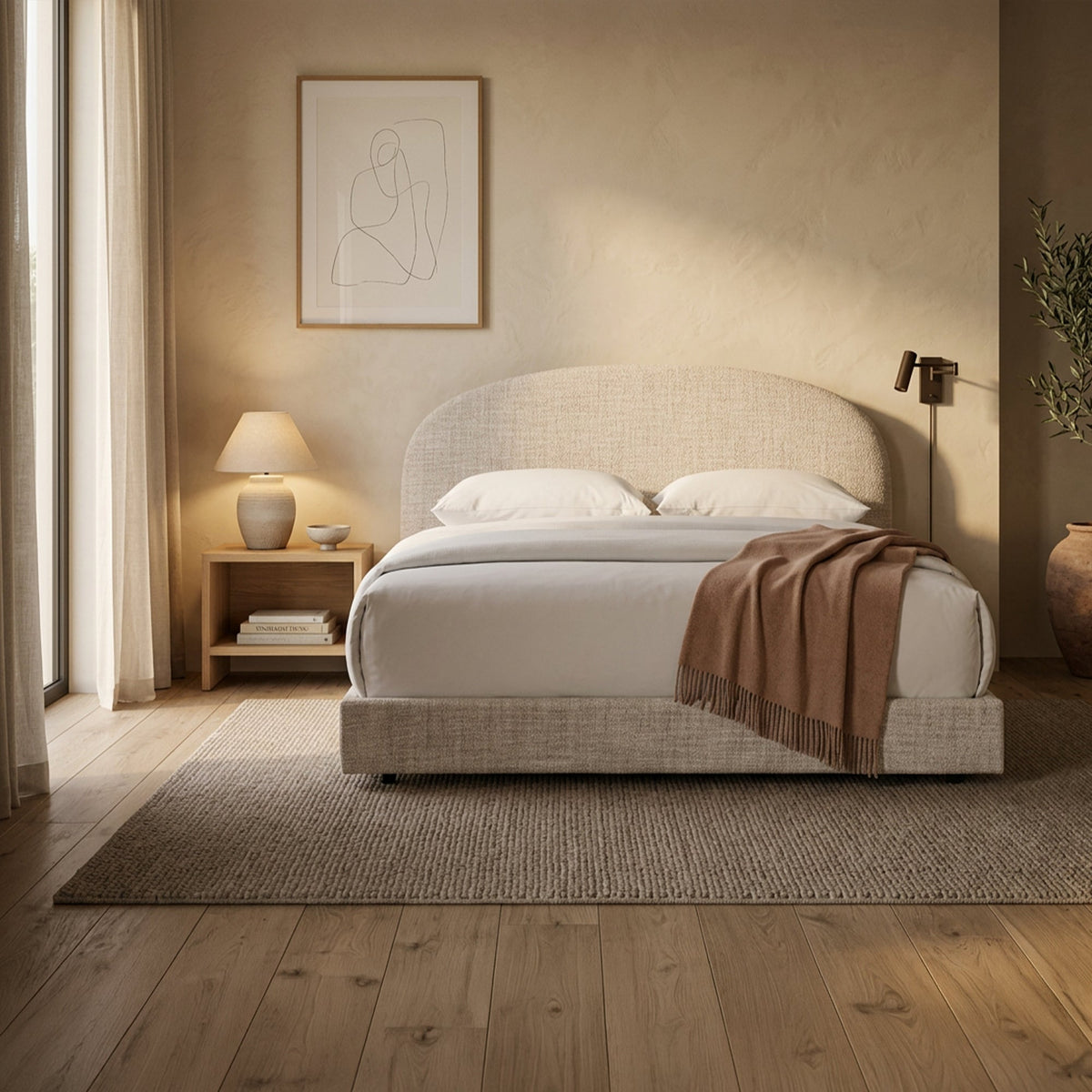 RANIA Lit double en tissu beige 140x190 cm - Lits - Mobilier Deco