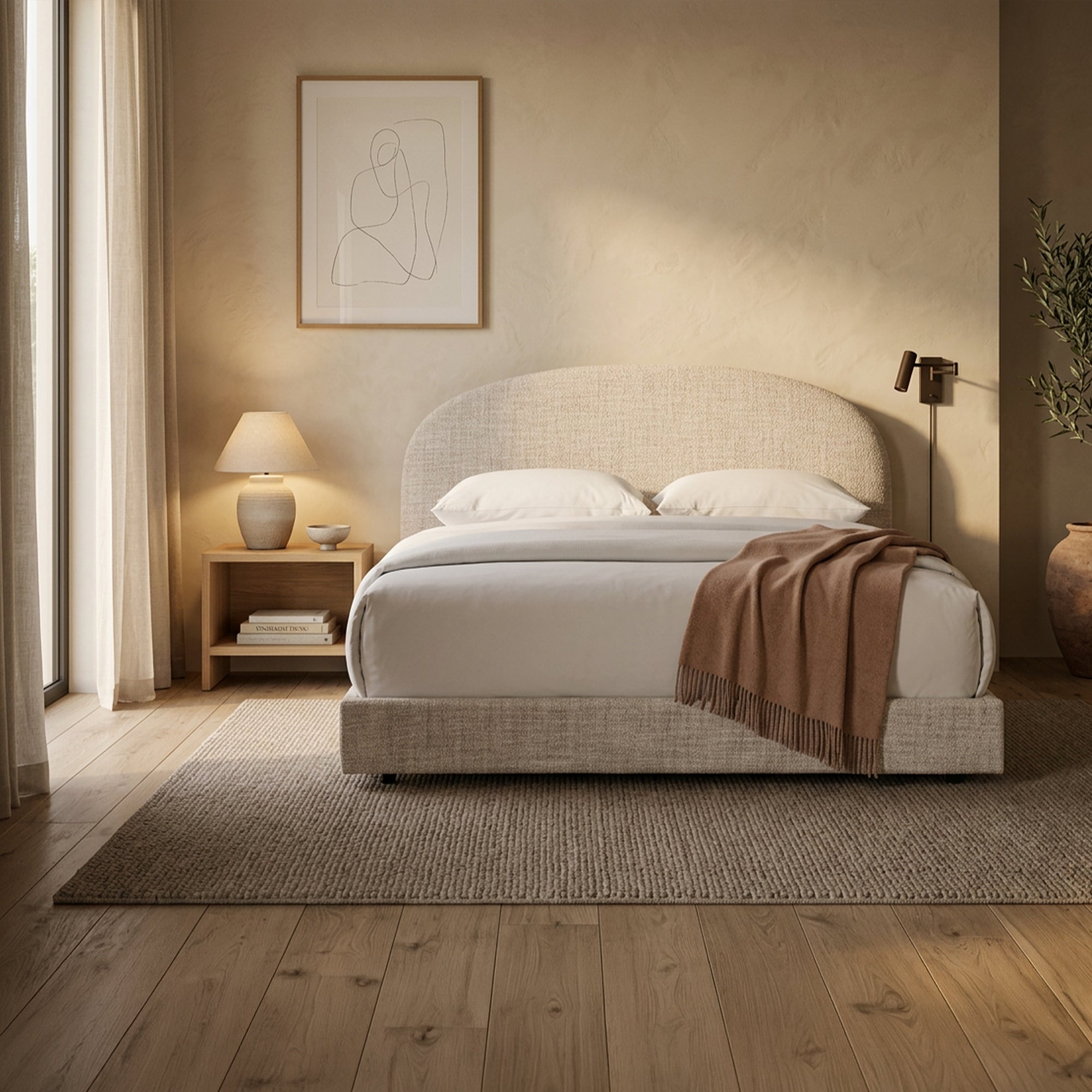 RANIA Lit double en tissu beige 140x190 cm - Lits - Mobilier Deco