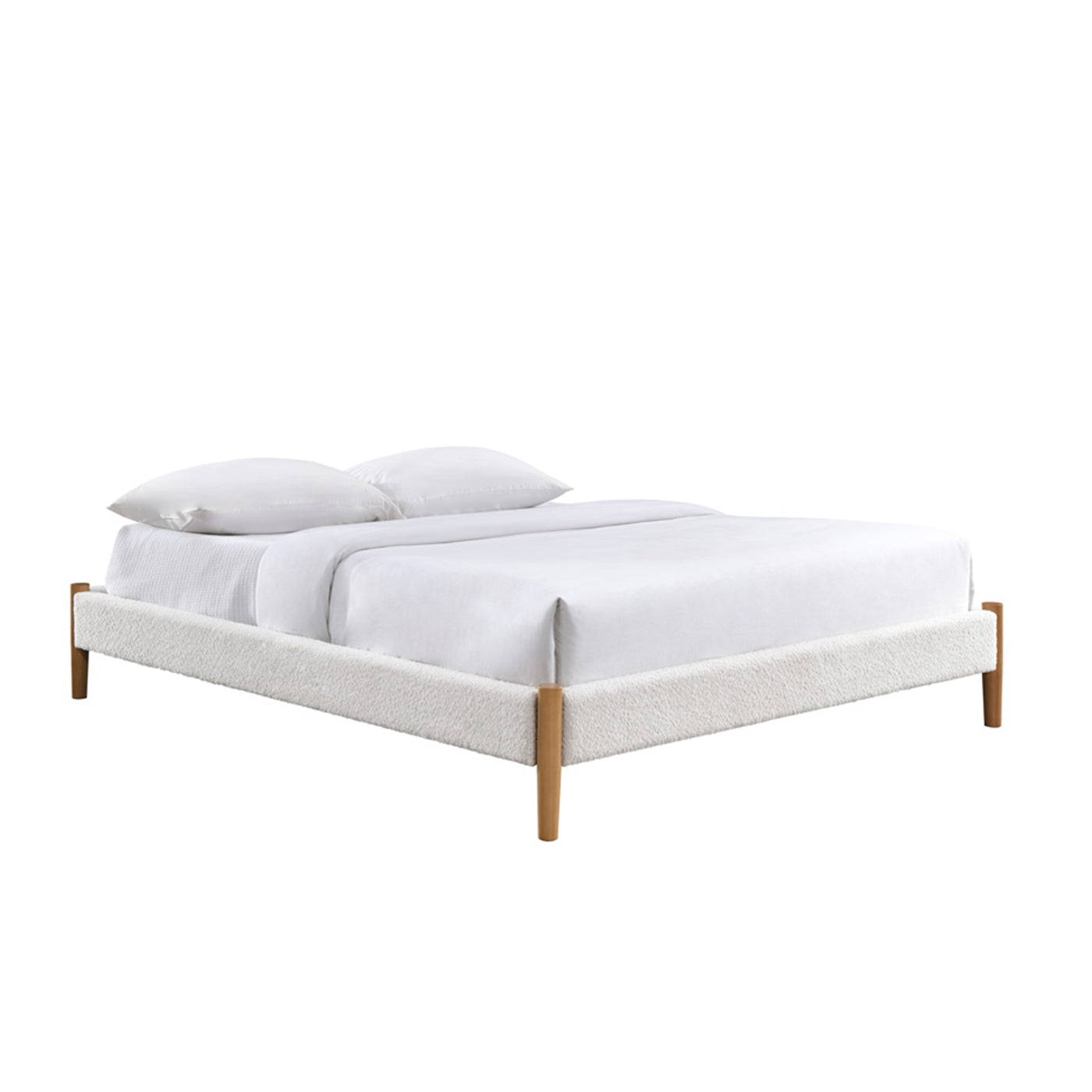 RAYA Lit double tissu bouclette blanc pieds en bois 160x200 cm