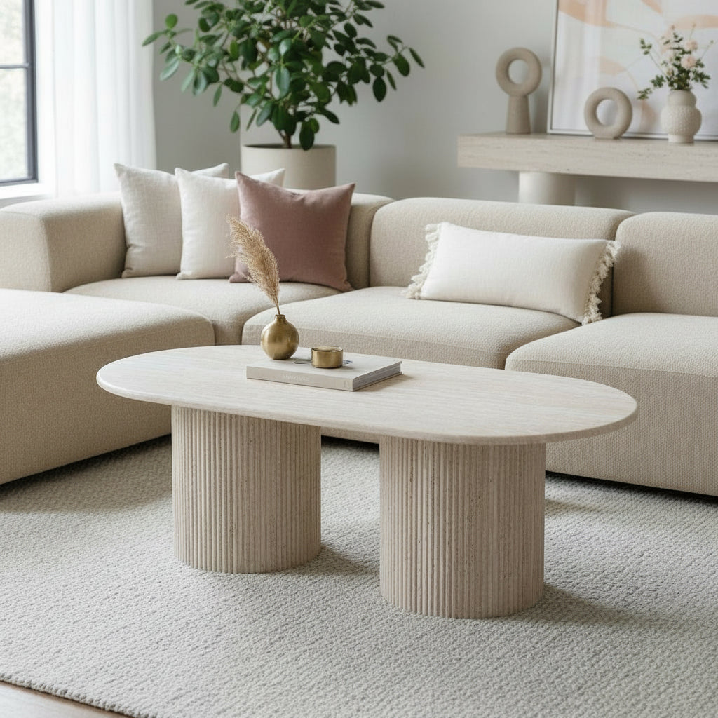 RINA Table basse ovale en granite couleur travertin 120 cm
