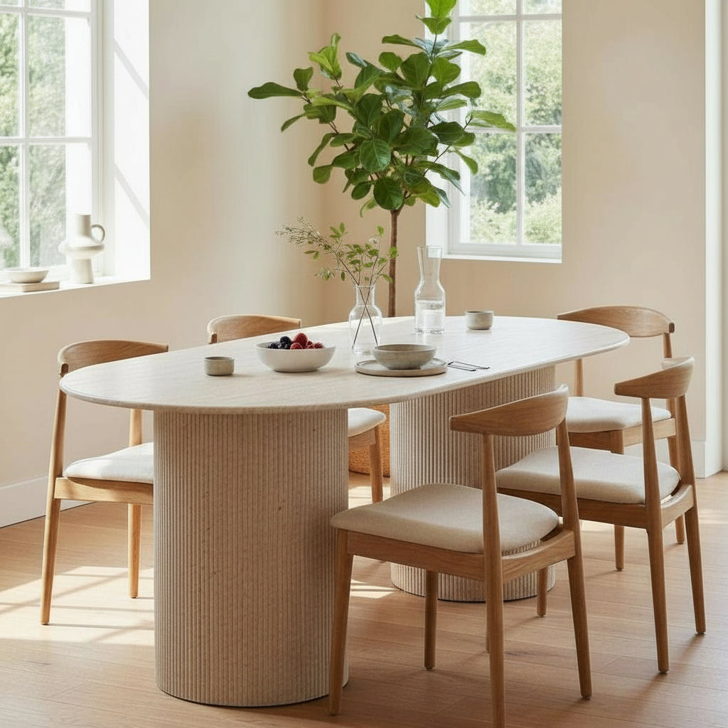 RINA XL Table à manger ovale en granite couleur travertin 180 cm