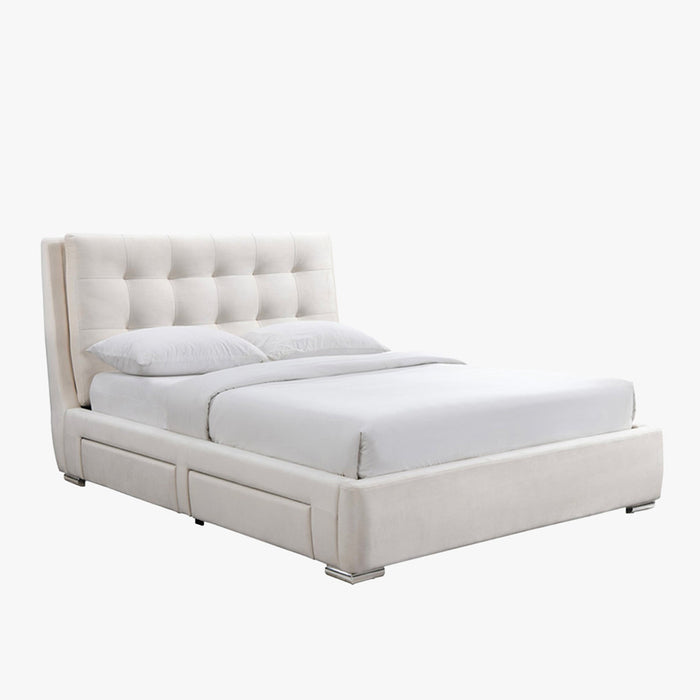 RODRIGO Lit double en tissu blanc écru avec 2 tiroirs 140x190 cm
