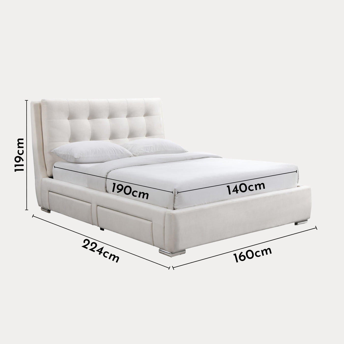RODRIGO Lit double en tissu blanc écru avec 2 tiroirs 140x190 cm