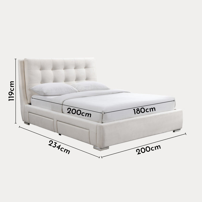 RODRIGO Lit double en tissu blanc écru avec 2 tiroirs 180x200 cm