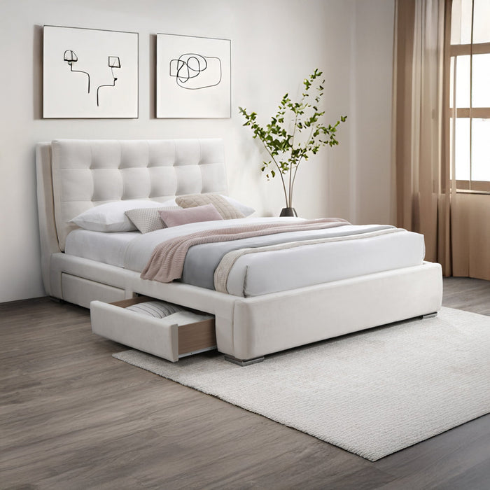 RODRIGO Lit double en tissu blanc écru avec 2 tiroirs 180x200 cm