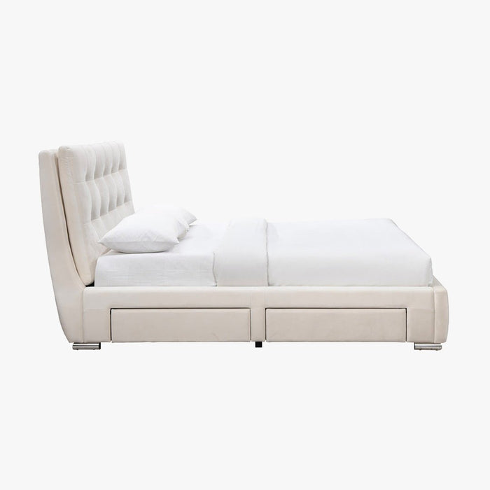 RODRIGO Lit double en tissu blanc écru avec 2 tiroirs 180x200 cm