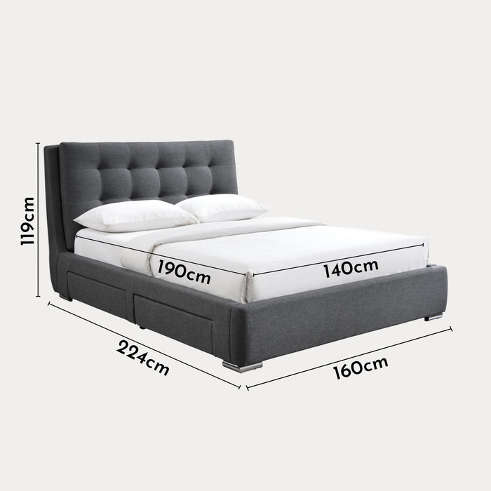 RODRIGO Lit double en tissu gris foncé avec 2 tiroirs 140x190 cm
