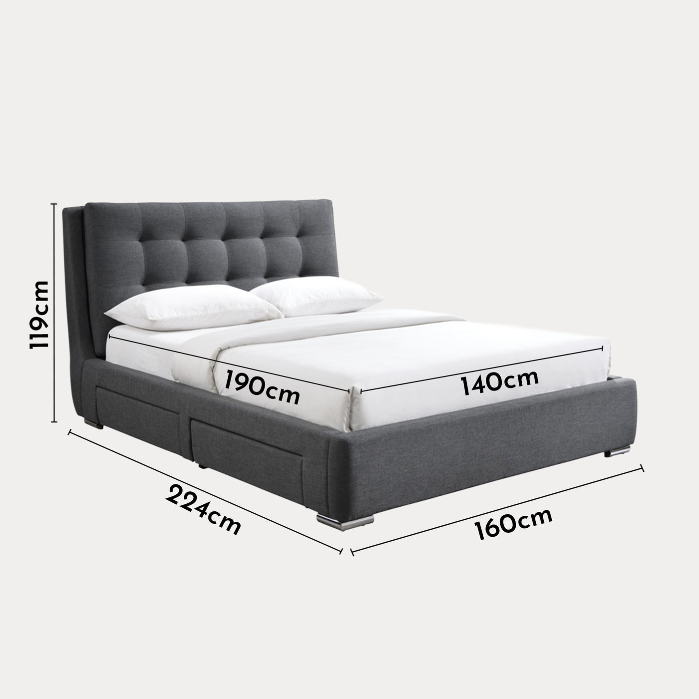 RODRIGO Lit double en tissu gris foncé avec 2 tiroirs 140x190 cm