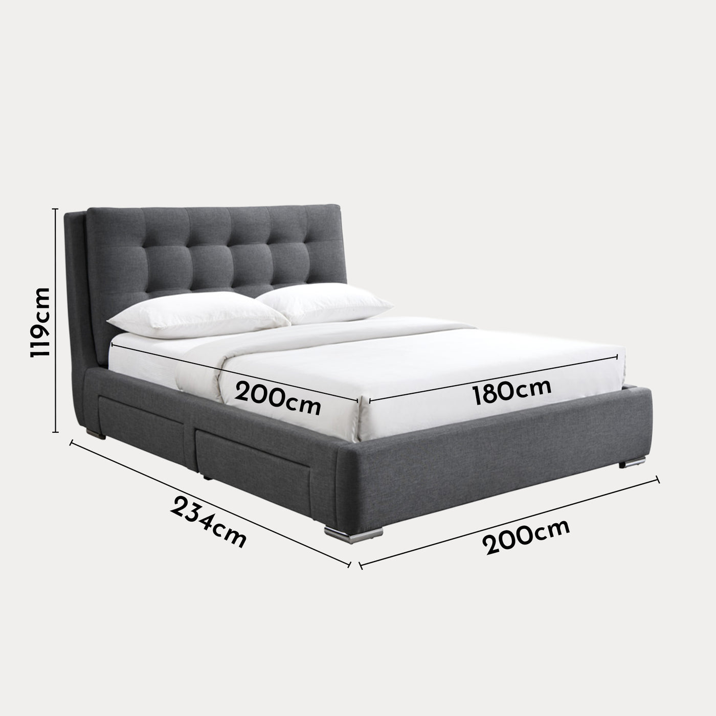 RODRIGO Lit double en tissu gris foncé avec 2 tiroirs 180x200 cm