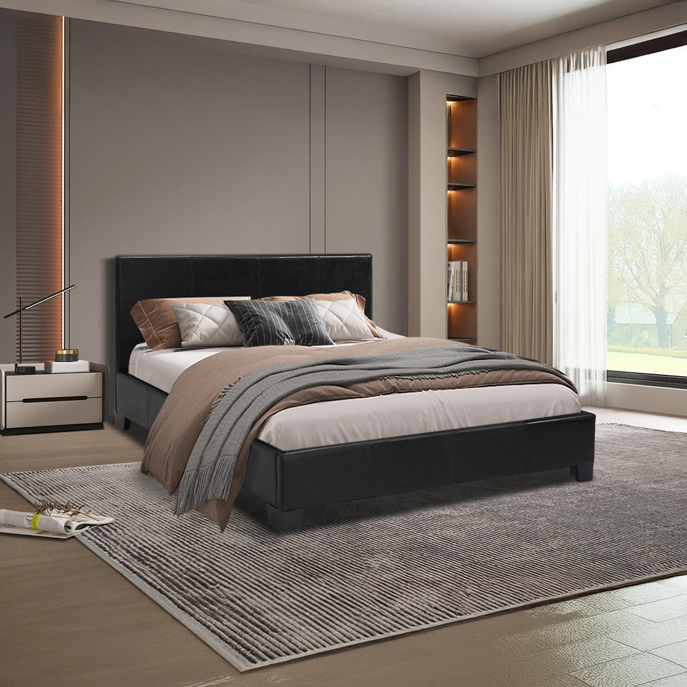 ROMA Lit double en simili cuir noir 140x200 cm