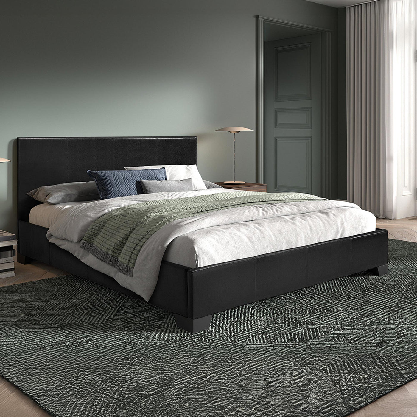 ROMA Lit double en simili cuir noir 160x200 cm
