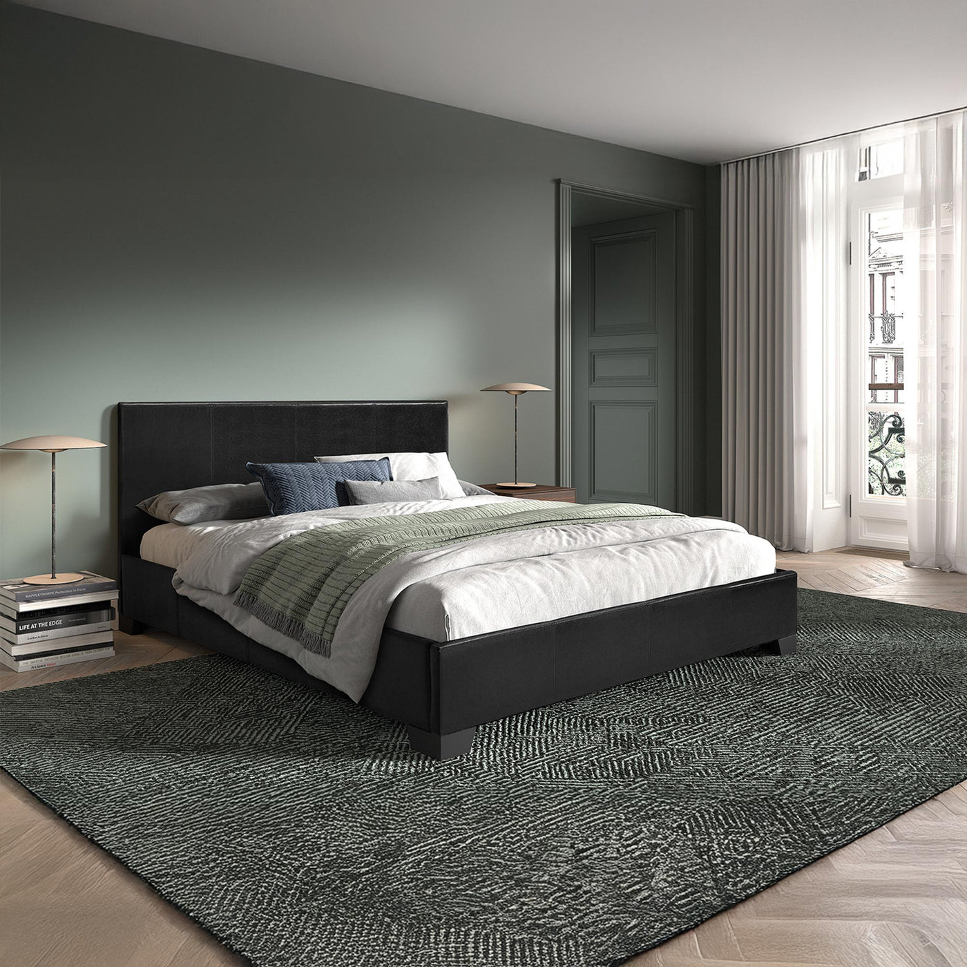 ROMA Lit double en simili cuir noir 160x200 cm