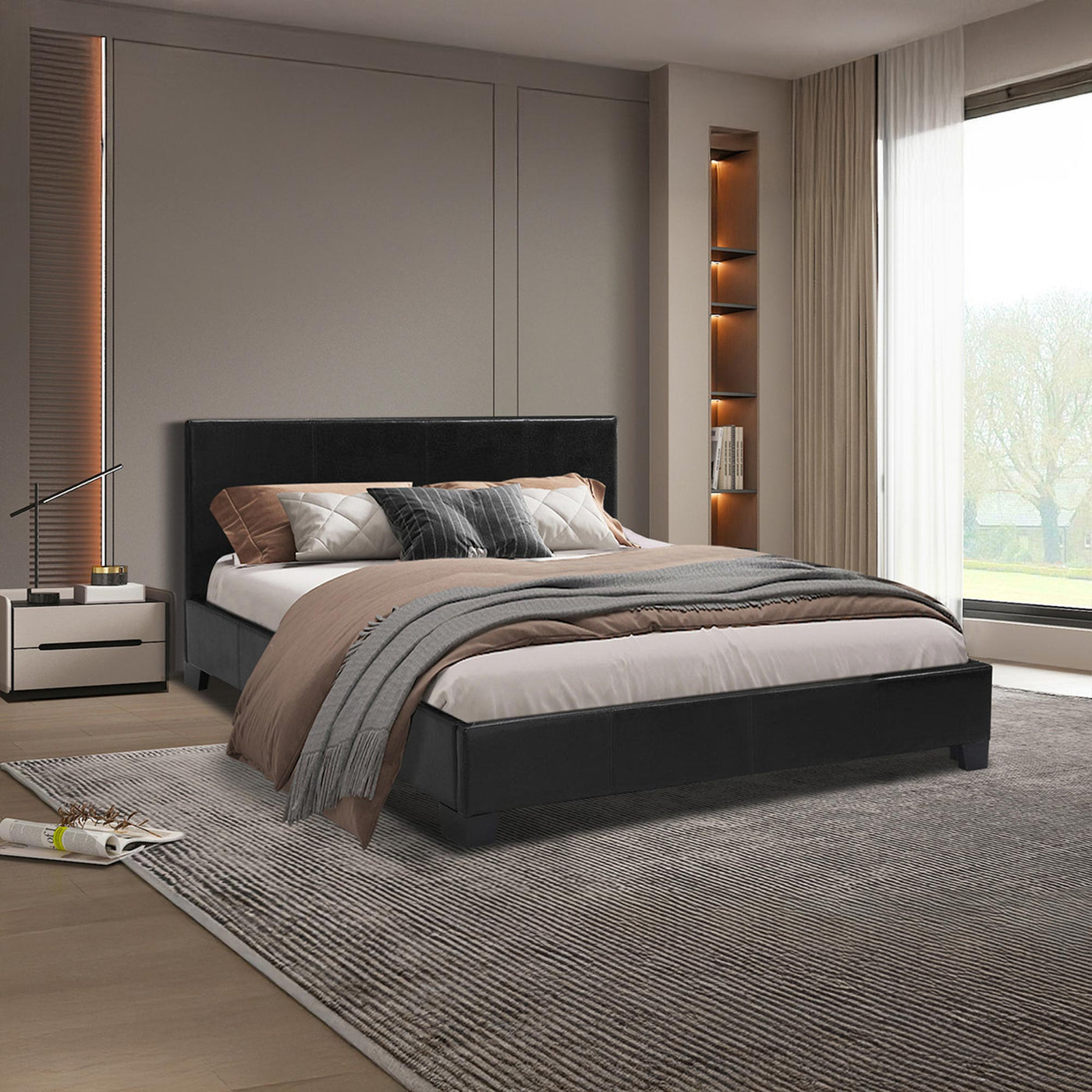 ROMA Lit double en simili cuir noir 160x200 cm