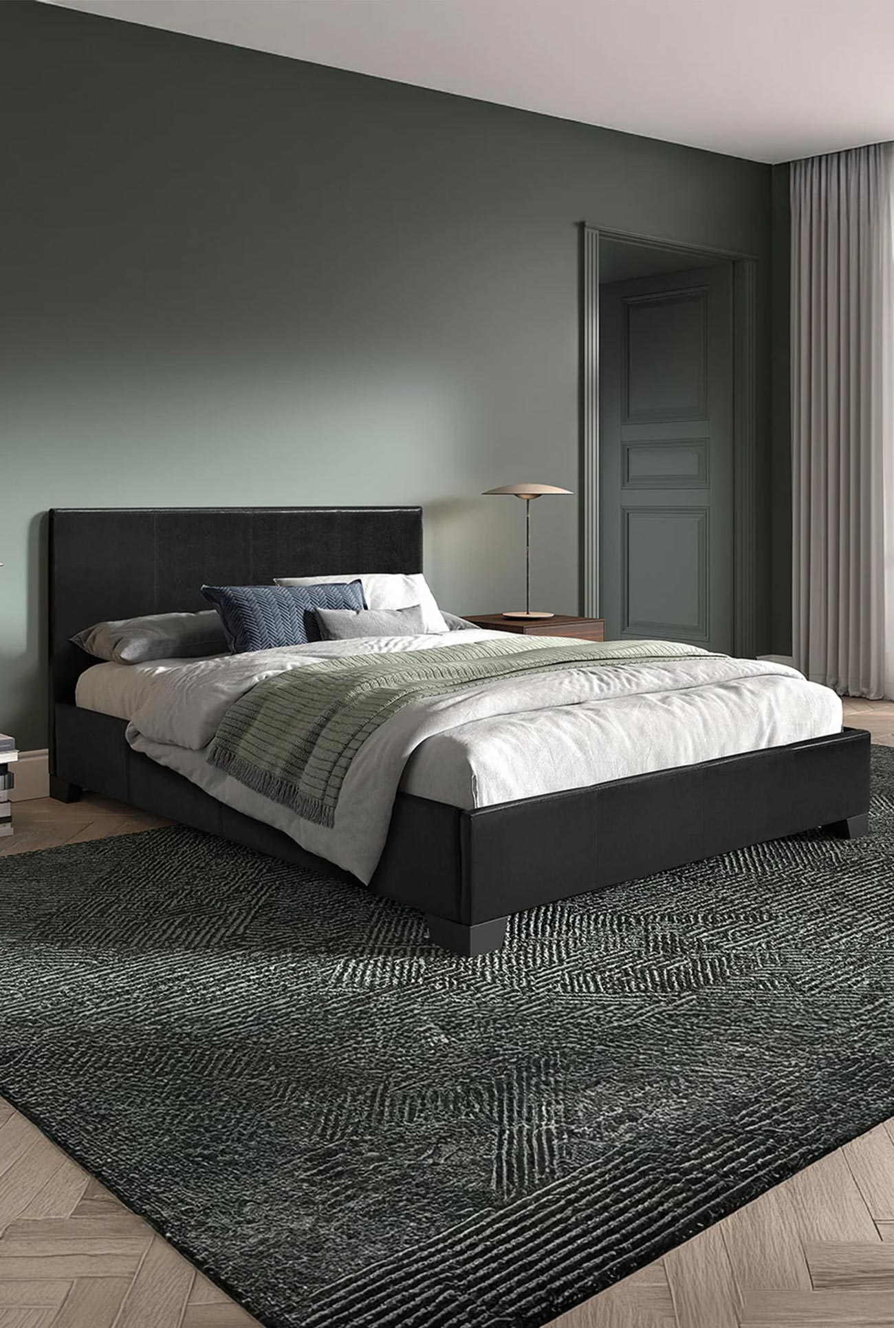 ROMA - Lits doubles en tissu gris ou simili cuir noir
