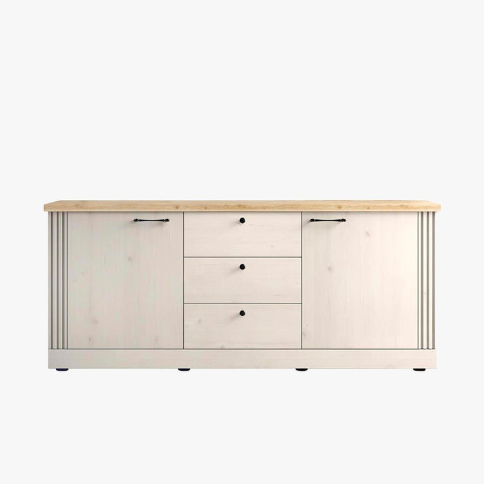 ROMANE Buffet 2 portes 3 tiroirs couleur chêne blanc et bois clair