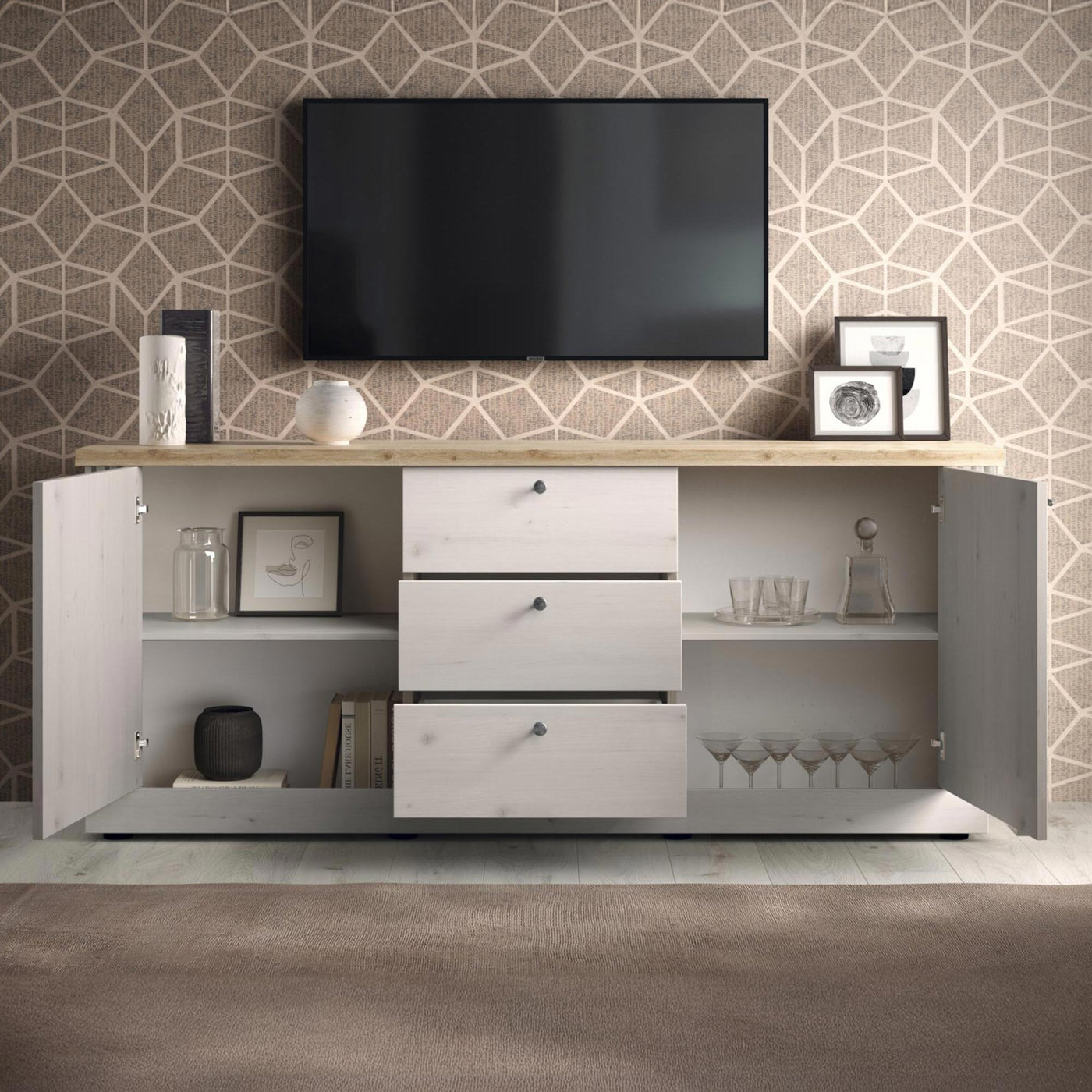 ROMANE Buffet 2 portes 3 tiroirs couleur chêne blanc et bois clair