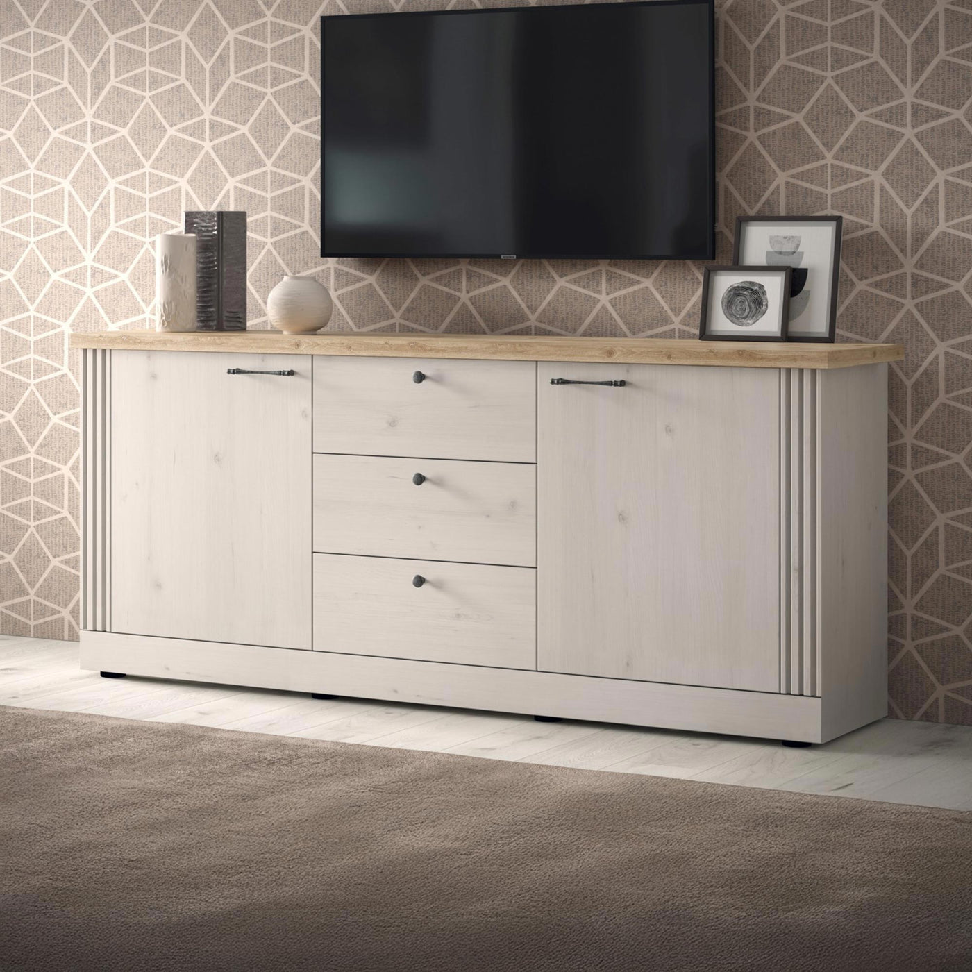 ROMANE Buffet 2 portes 3 tiroirs couleur chêne blanc et bois clair