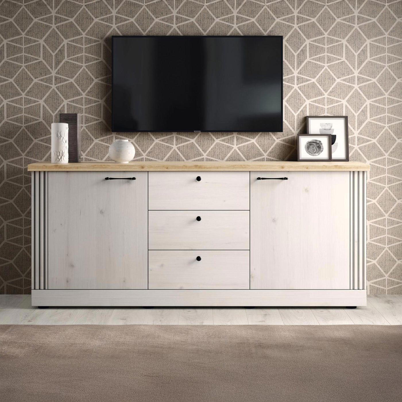 ROMANE Buffet 2 portes 3 tiroirs couleur chêne blanc et bois clair