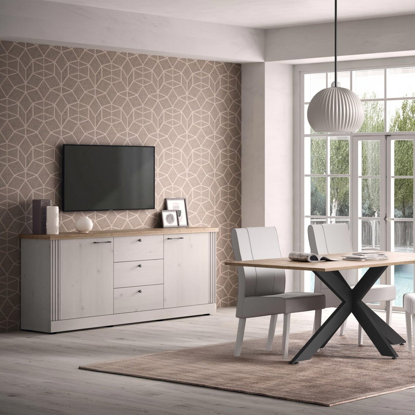 ROMANE Buffet 2 portes 3 tiroirs couleur chêne blanc et bois clair