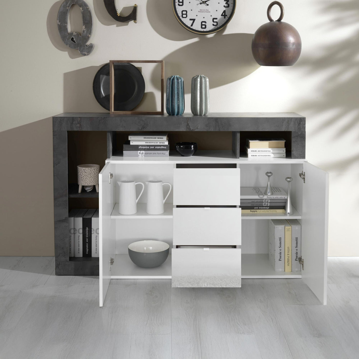 RONICA Buffet 2 portes 3 tiroirs gris et blanc - Buffet - Mobilier Deco