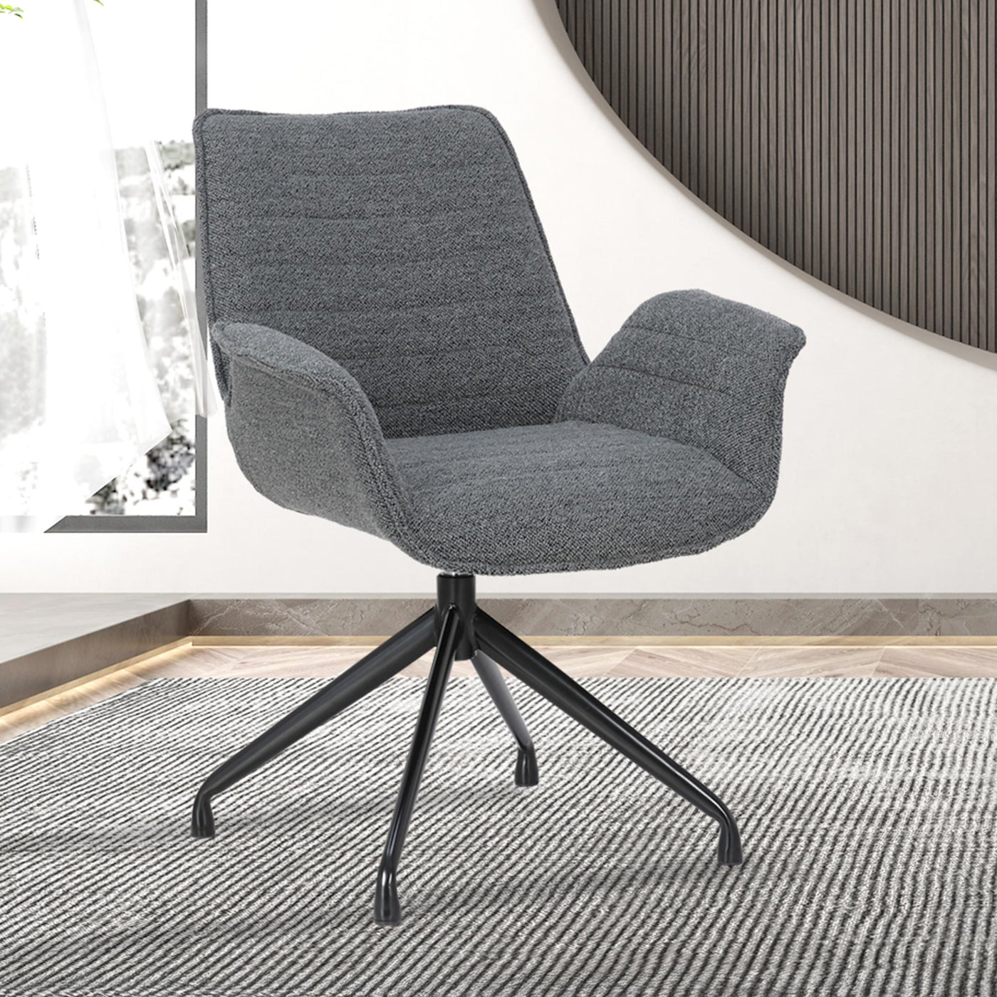 ROXANE Chaise pivotante tissu bouclette gris foncé piètement en métal noir