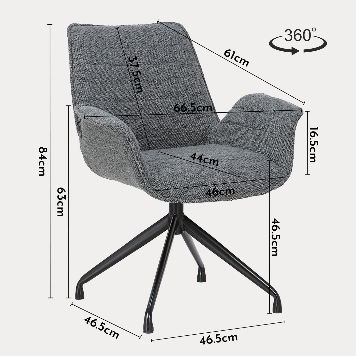 ROXANE Chaise pivotante tissu bouclette gris foncé piètement en métal noir