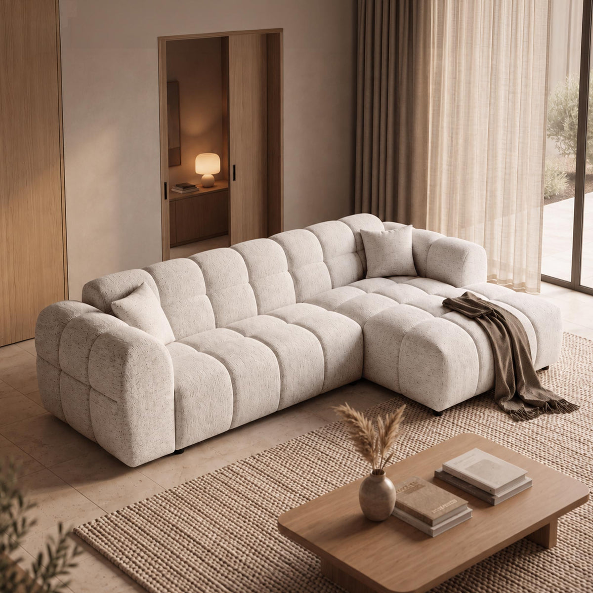 RUBY Canapé d'angle en tissu beige - Angle droit - Mobilier Deco