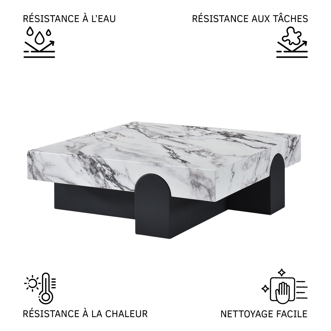 RUYA Table basse carrée marbre d'ingénierie blanc socle noir