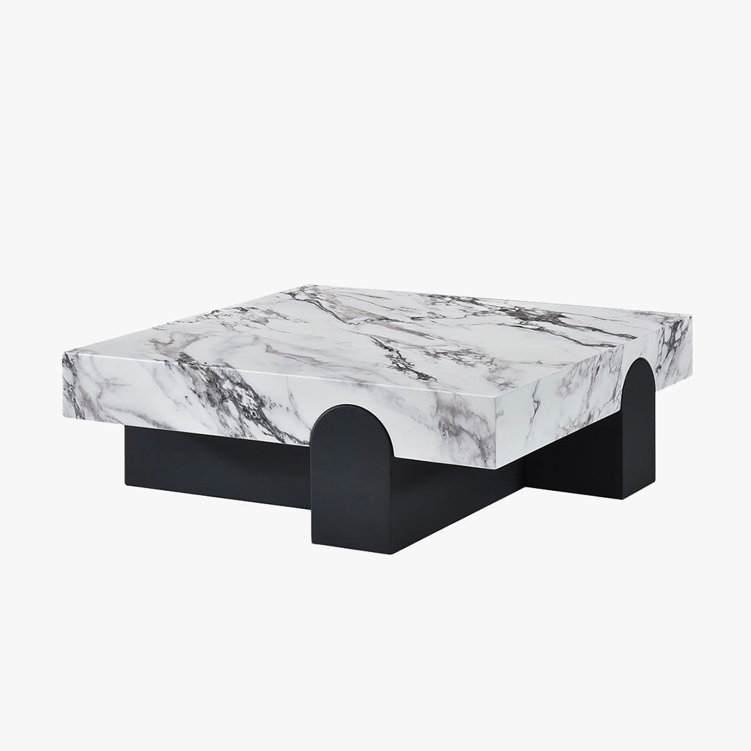RUYA Table basse carrée marbre d'ingénierie blanc socle noir - Table basse - Mobilier Deco