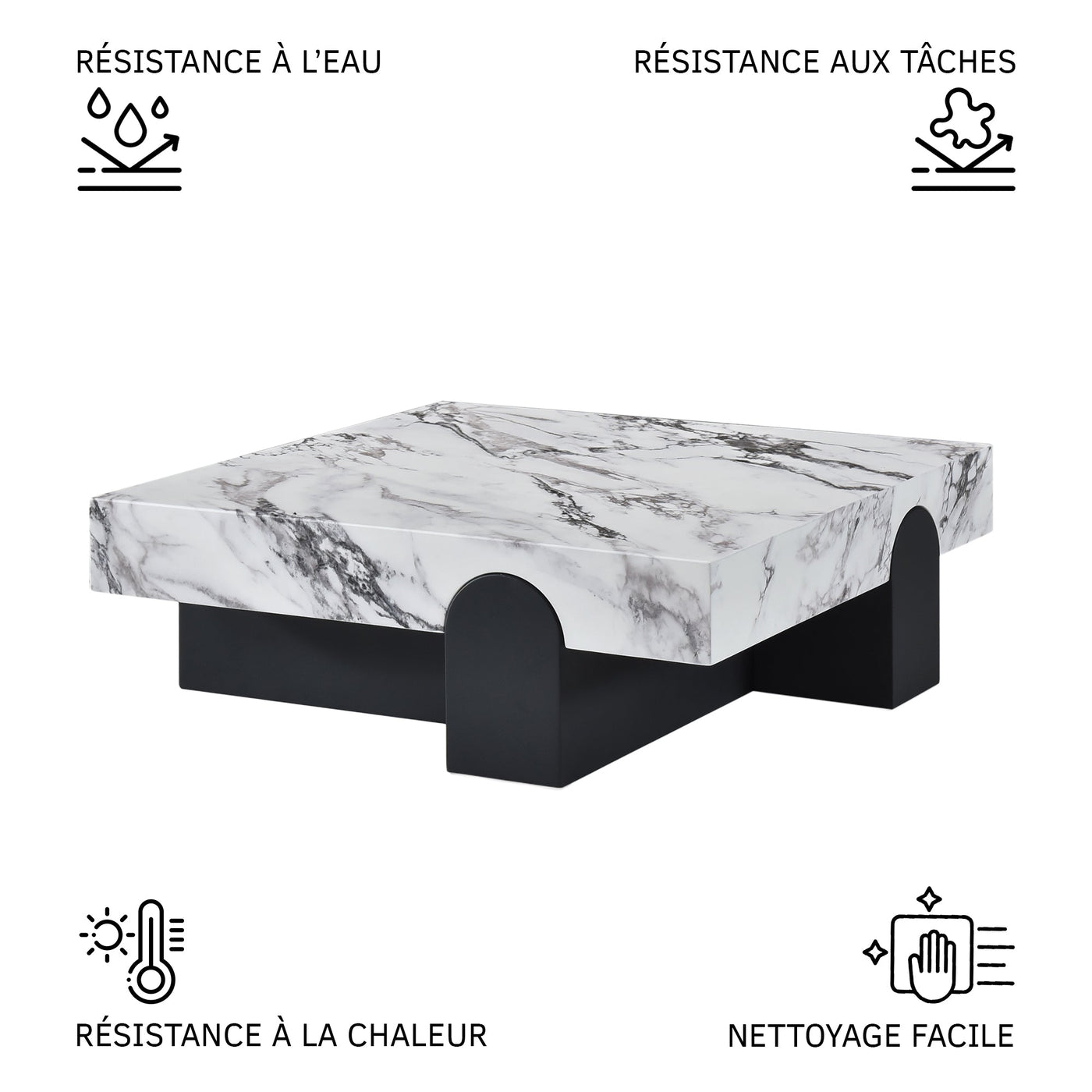 RUYA Table basse carrée marbre d'ingénierie blanc socle noir - Table basse - Mobilier Deco
