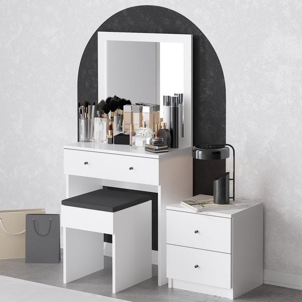 SABRIA Ensemble coiffeuse avec miroir tabouret et table de chevet blanc