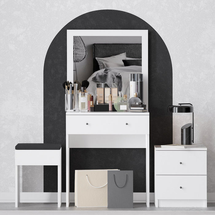 SABRIA Ensemble coiffeuse avec miroir tabouret et table de chevet blanc
